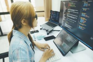 Computer science engineering students collaborating on coding projects during summer training at The Core Systems, Chandigarh.